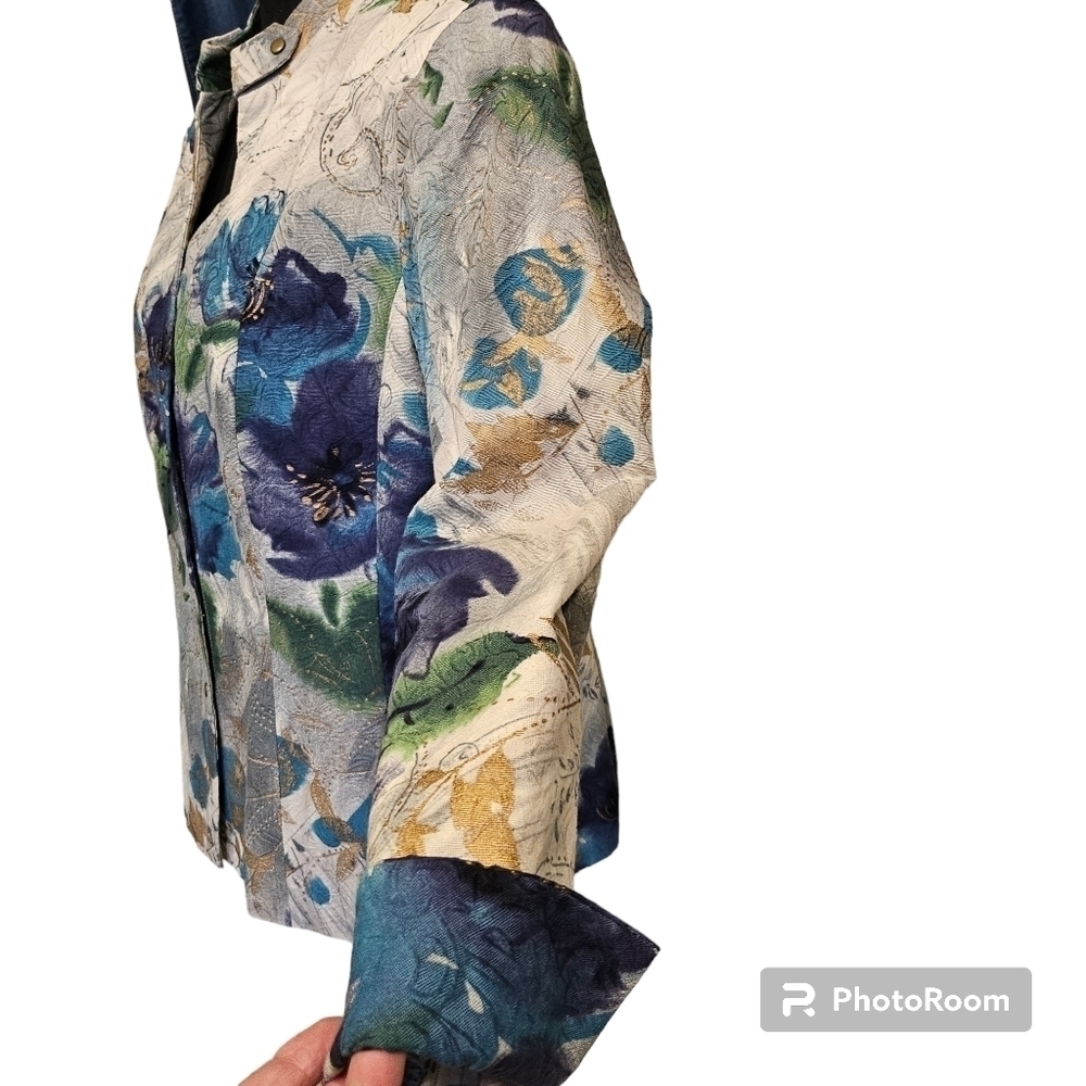 Coldwater Creek Watercolor Paint Floral Snap Up 100% Cotton Shell Jacket Size 14 - Picture 4 of 10